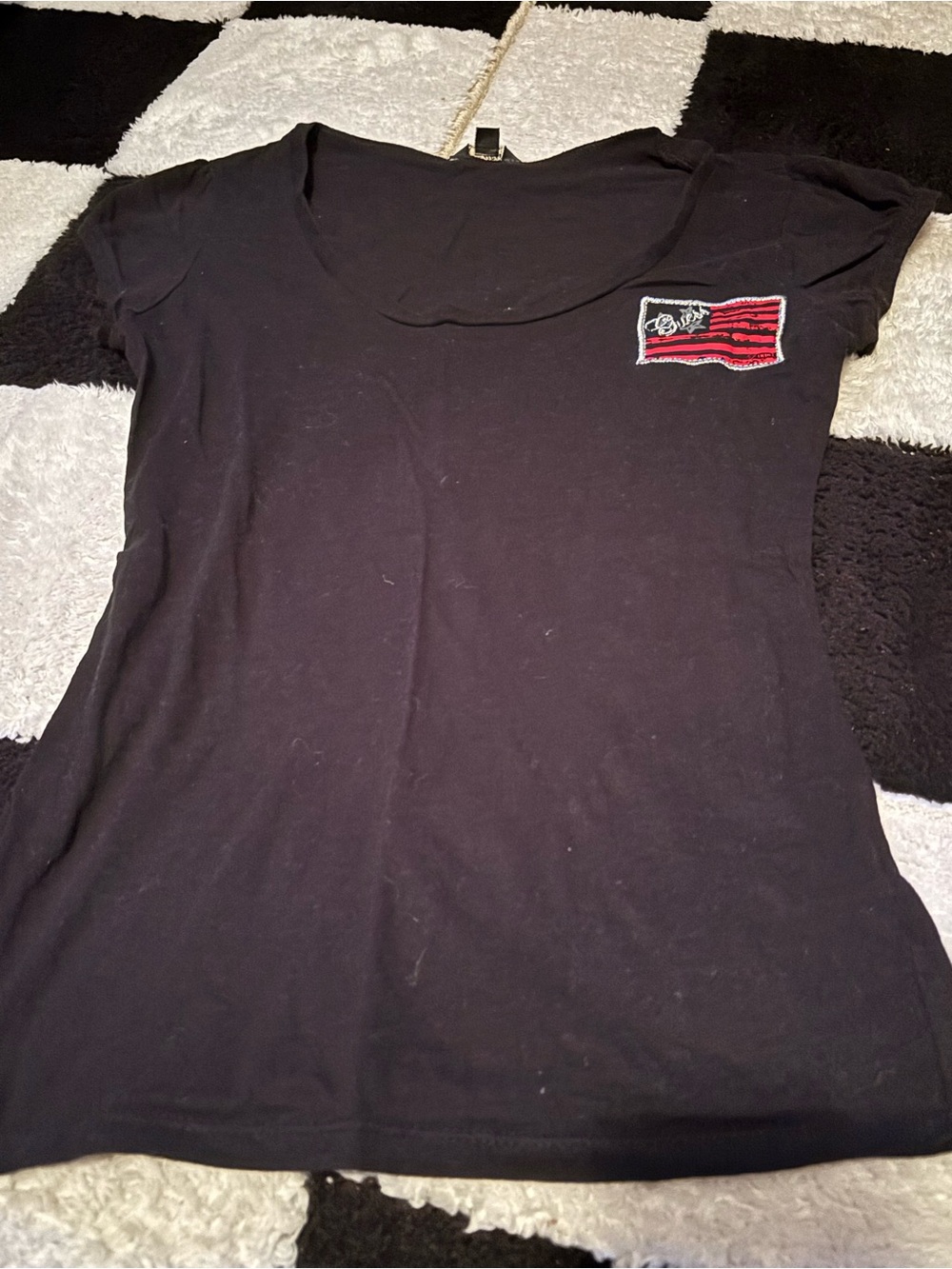 Guess Black Tee with Red and Silver Embroidered Flag Patch
